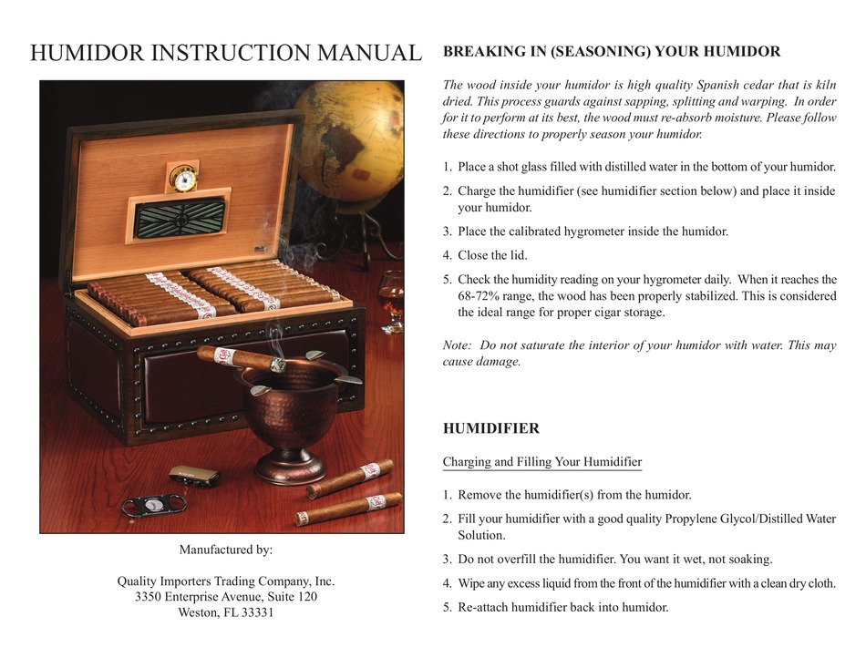 QUALITY IMPORTERS TRADING COMPANY HUMIDOR INSTRUCTION MANUAL Pdf