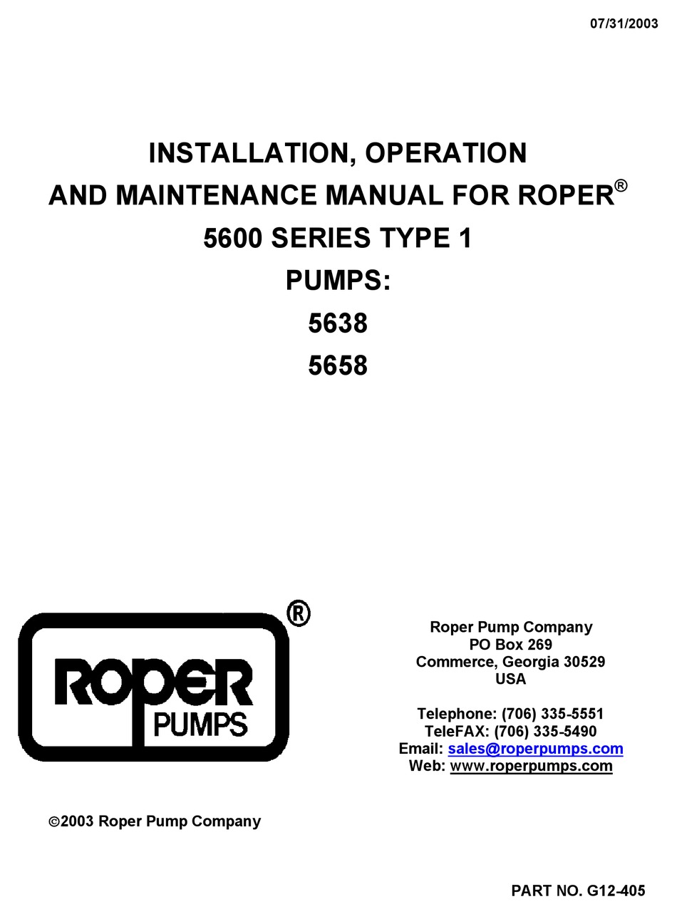 ROPER PUMP COMPANY 5600 SERIES INSTALLATION, OPERATION AND MAINTENANCE