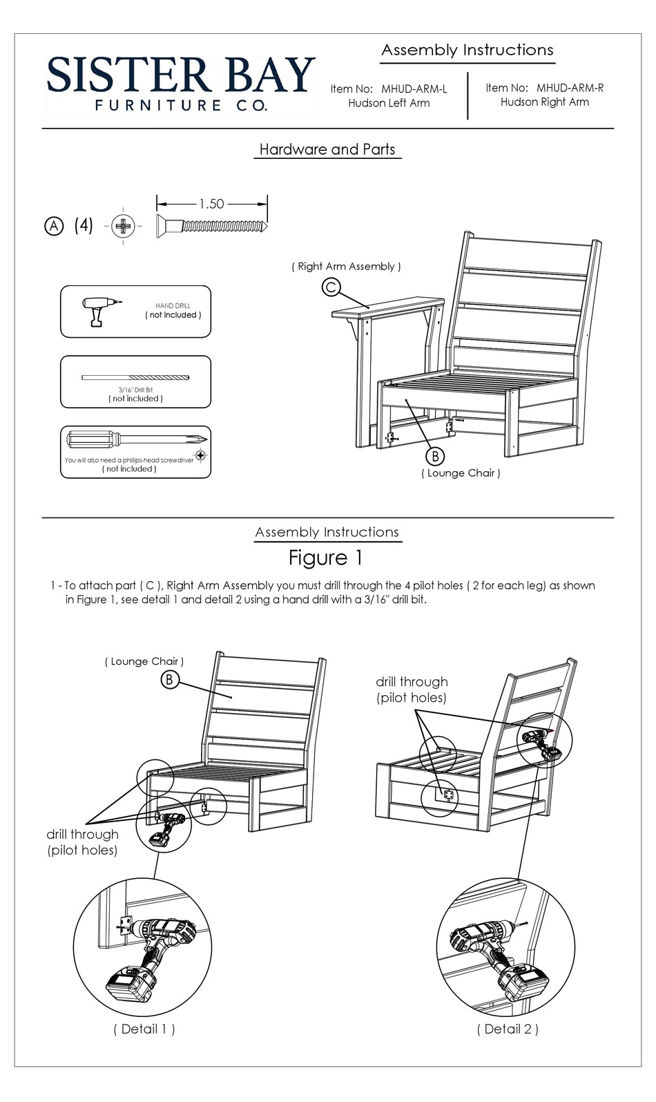 SISTER BAY HUDSON LEFT ARM MHUDARML ASSEMBLY INSTRUCTIONS Pdf
