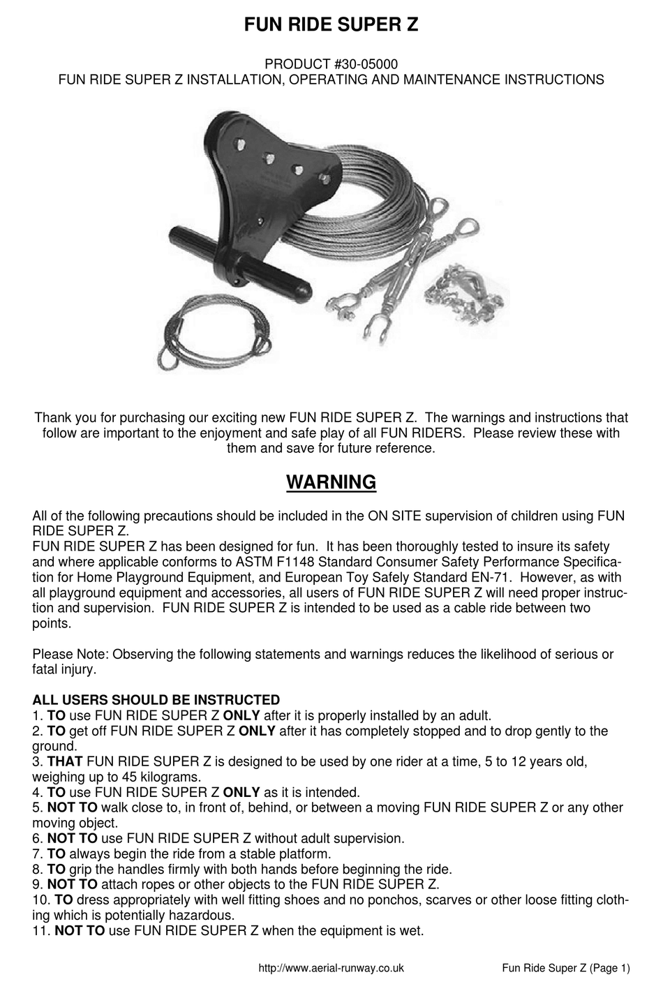 SPRING SWINGS FUN RIDE SUPER Z INSTALLATION, OPERATING AND MAINTENANCE