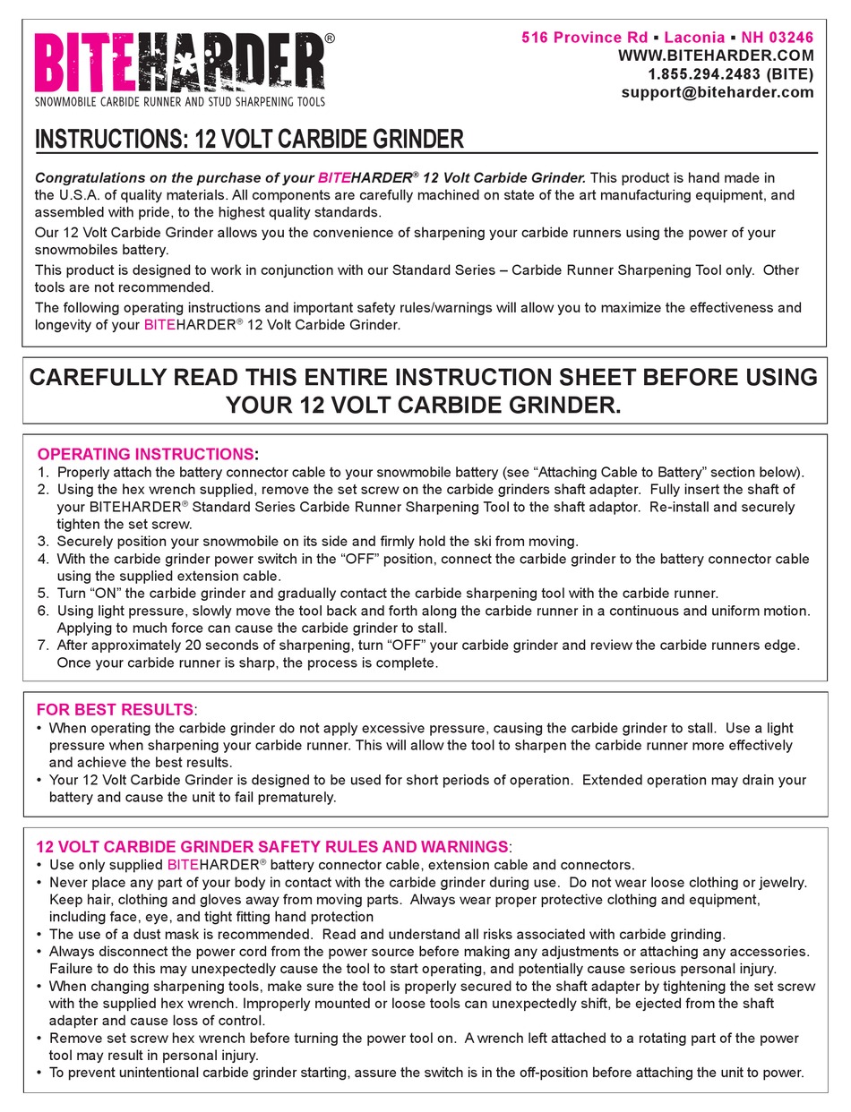 BITEHARDER 12 VOLT CARBIDE GRINDER INSTRUCTIONS Pdf Download ManualsLib