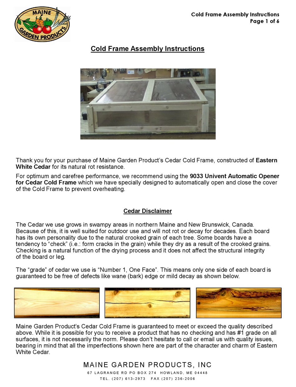 MAINE GARDEN PRODUCTS COLD FRAME ASSEMBLY INSTRUCTIONS MANUAL Pdf Download ManualsLib