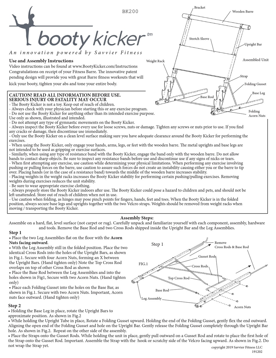 SAVVIER FITNESS BOOTY KICKER BK200 USE AND ASSEMBLY INSTRUCTIONS Pdf