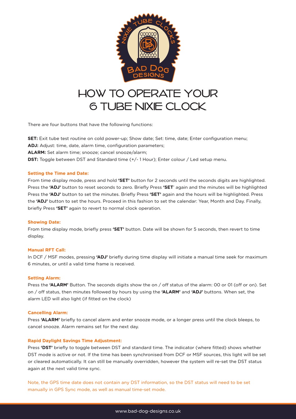 BAD DOG DESIGNS NIXIE CLOCKS 6 TUBE NIXIE CLOCK HOW TO OPERATE Pdf
