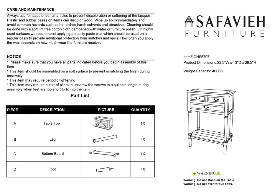 SAFAVIEH FURNITURE PRIMROSE CNS5707 QUICK START MANUAL Pdf Download