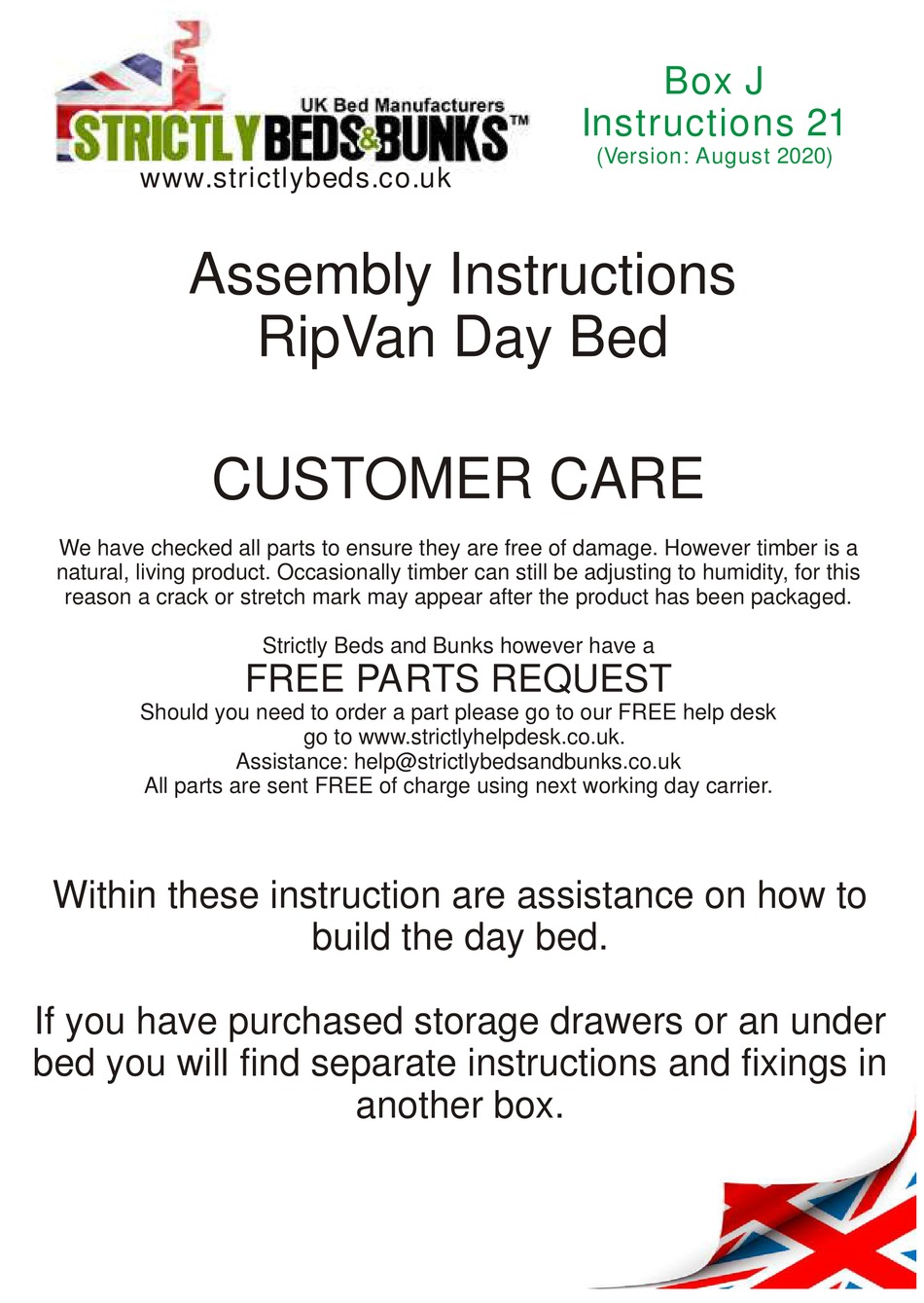 STRICTLY BEDS & BUNKS RIPVAN DAY BED BOX J ASSEMBLY INSTRUCTIONS MANUAL