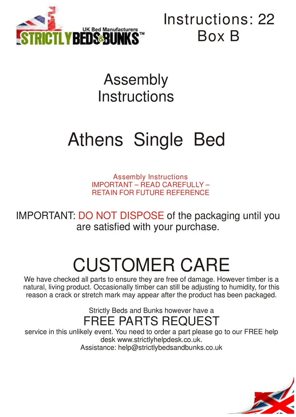 STRICTLY BEDS & BUNKS ATHENS SINGLE BED ASSEMBLY INSTRUCTIONS Pdf
