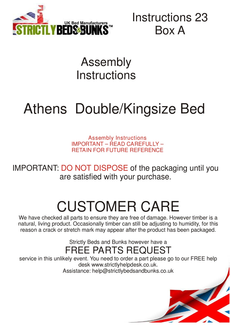 STRICTLY BEDS & BUNKS ATHENS DOUBLE/KINGSIZE BED ASSEMBLY INSTRUCTIONS