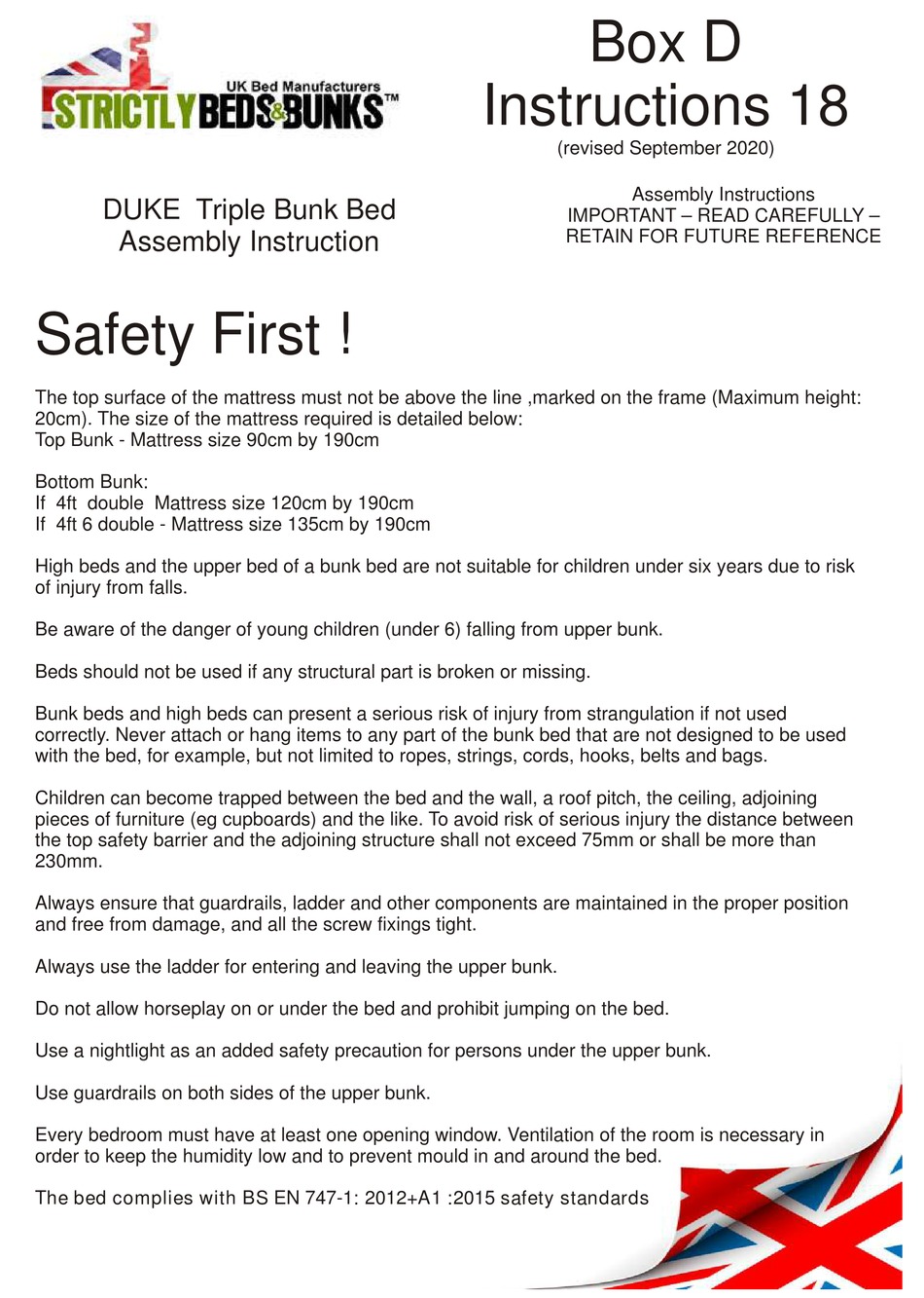 STRICTLY BEDS & BUNKS DUKE TRIPLE BUNK BED ASSEMBLY INSTRUCTION MANUAL