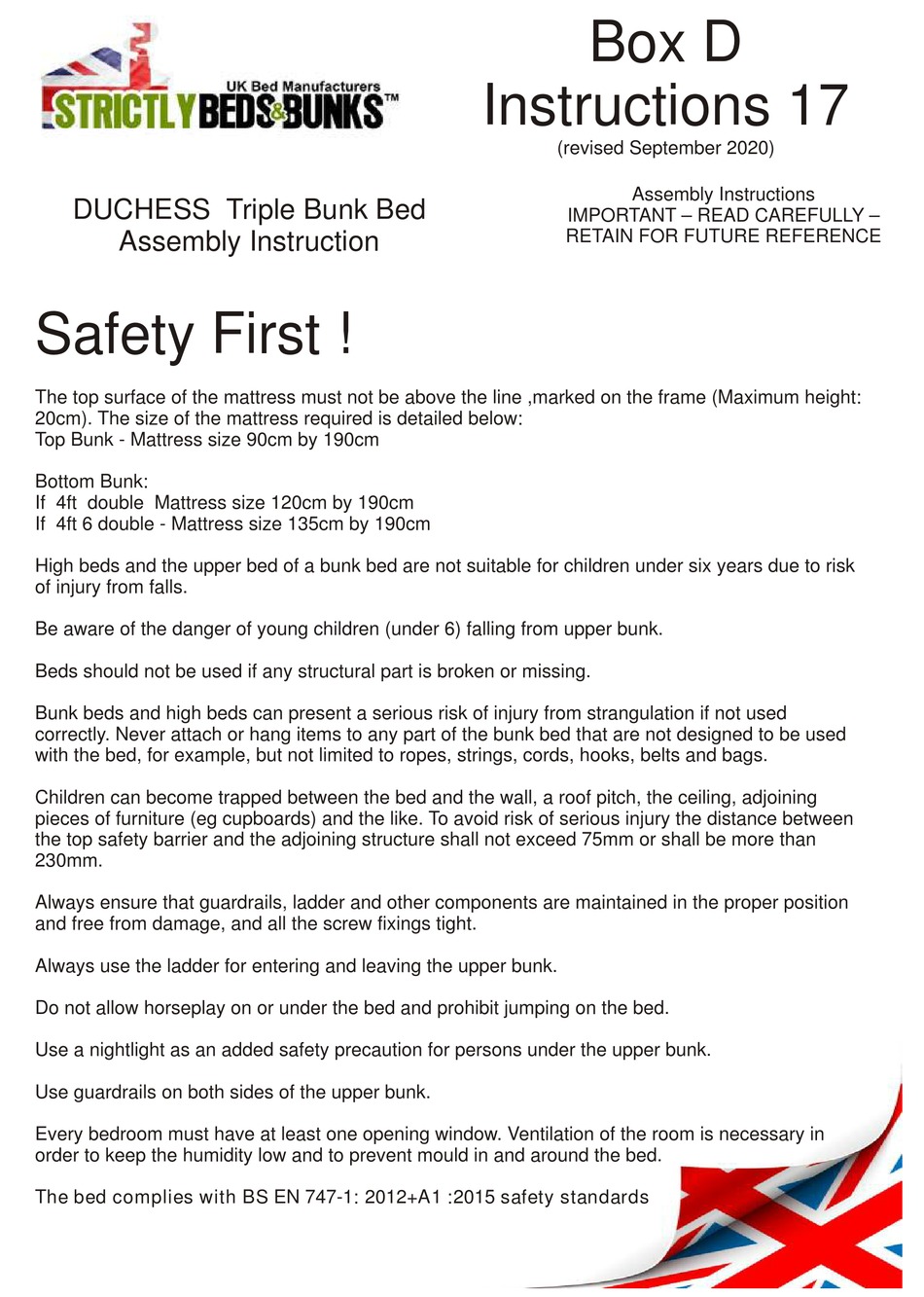 STRICTLY BEDS & BUNKS DUCHESS TRIPLE BUNK BED ASSEMBLY INSTRUCTIONS