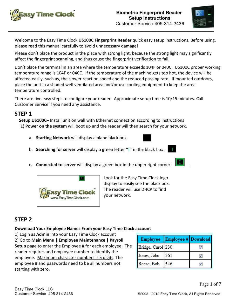 EASY TIME CLOCK US100C SETUP INSTRUCTIONS Pdf Download ManualsLib