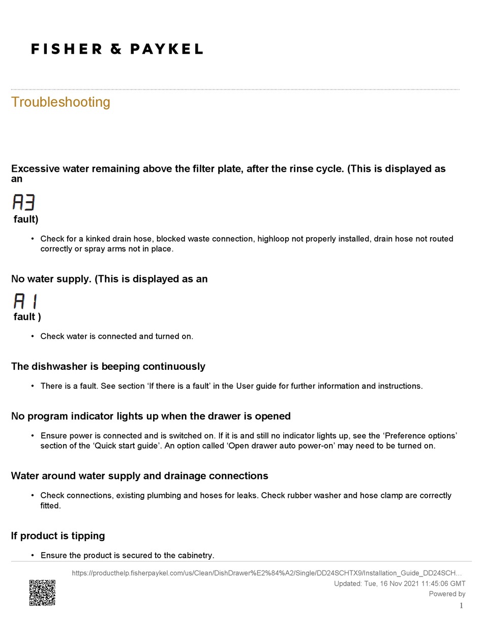 FISHER & PAYKEL DISHDRAWER DD24SCHTX9 TROUBLESHOOTING Pdf Download
