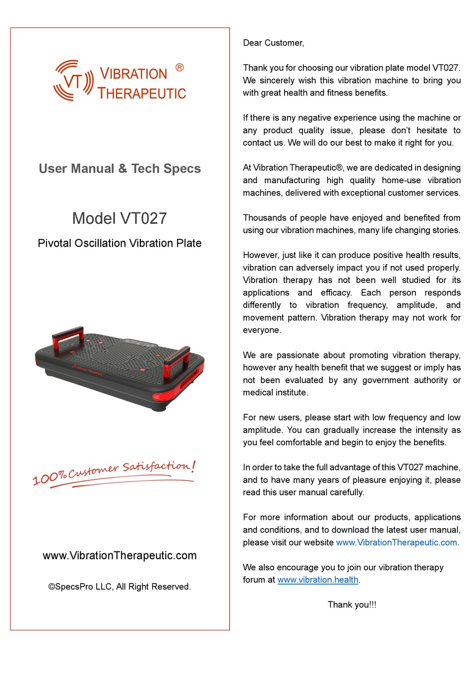 VIBRATION THERAPEUTIC VT027 USER MANUAL & TECH SPECS Pdf Download