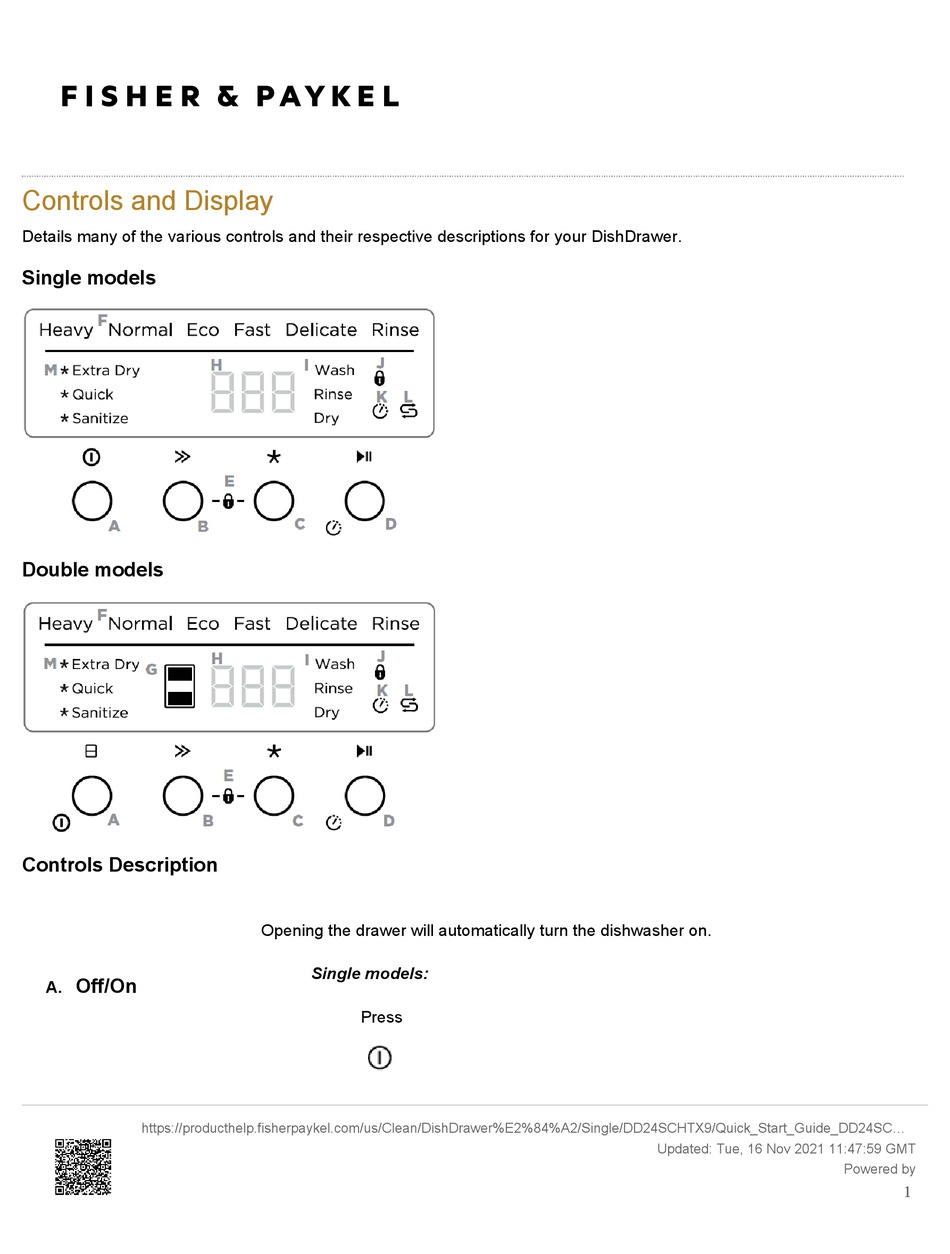 FISHER & PAYKEL DISHDRAWER DD24SCHTX9 CONTROLS AND DISPLAY Pdf Download