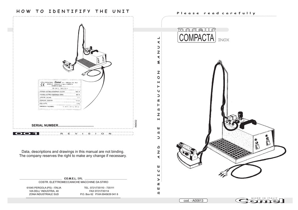 COMEL COMPACTA INOX CARE AND USE INSTRUCTION MANUAL Pdf Download