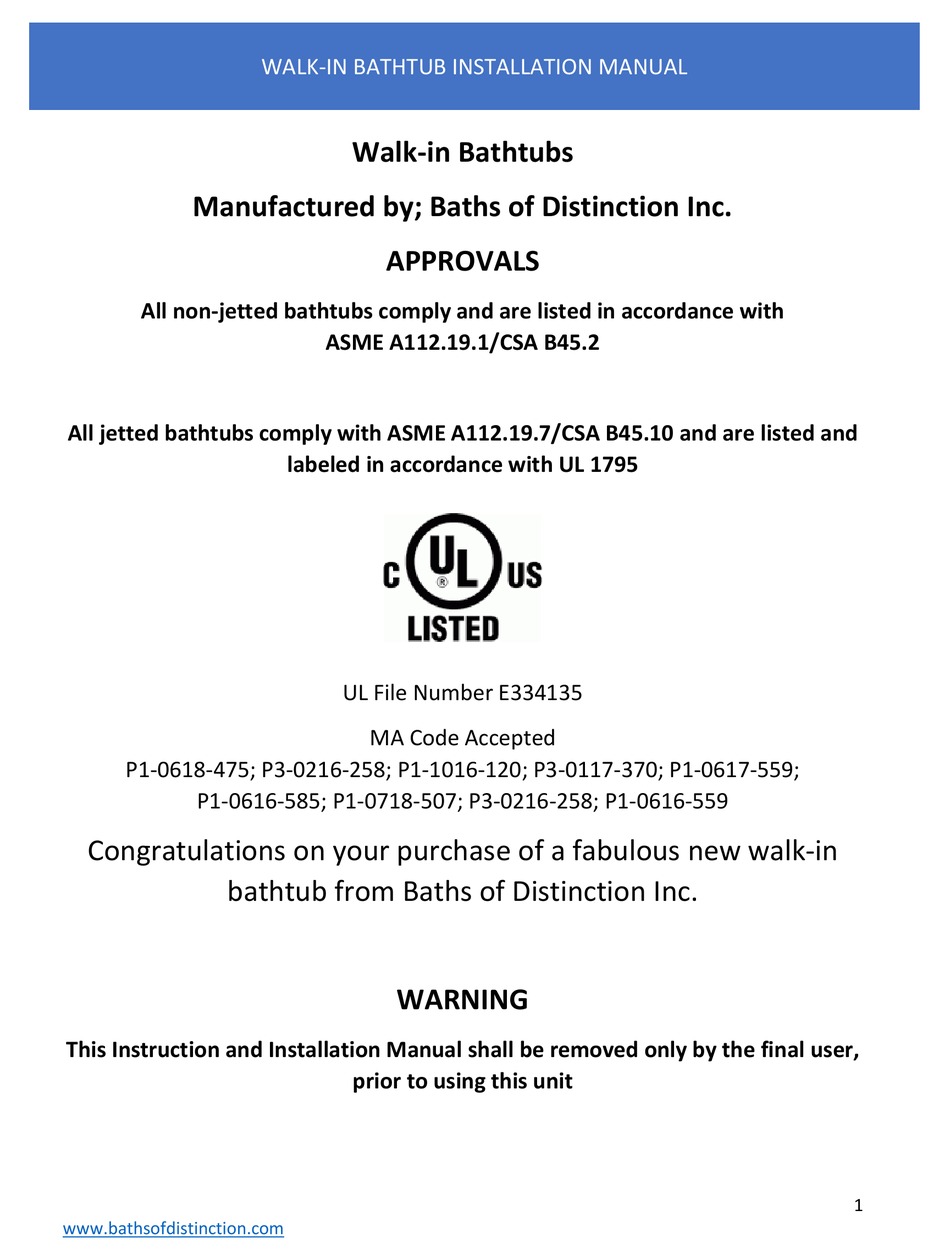 BATHS OF DISTINCTION P10618475 INSTALLATION MANUAL Pdf Download