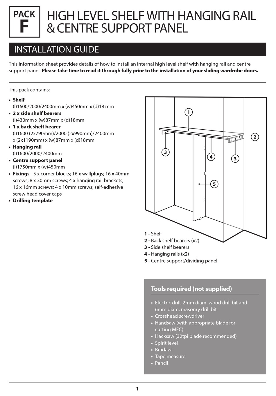 WARDROBE DOORS DIRECT HIGH LEVEL SHELF WITH HANGING RAIL & CENTRE