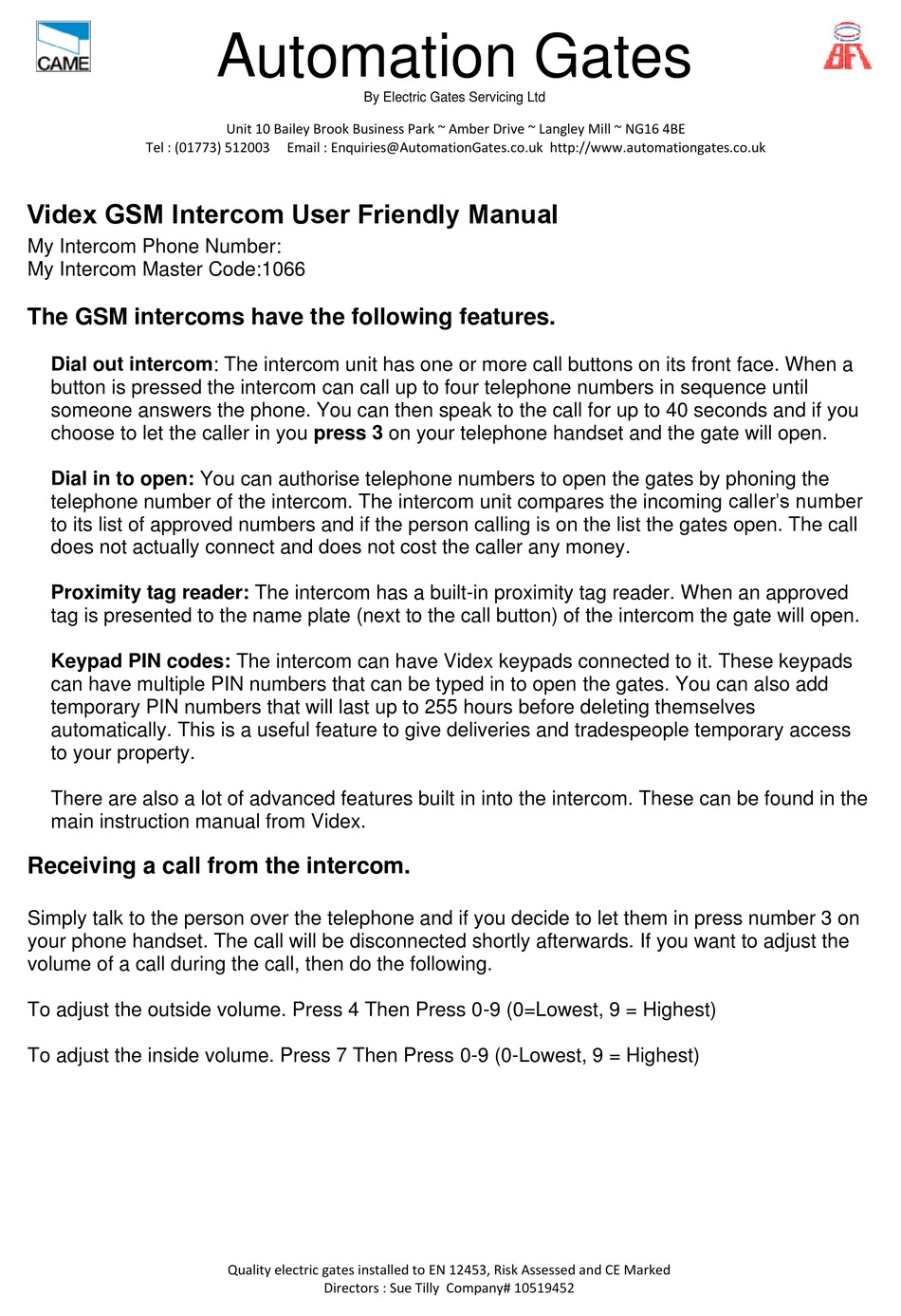 ELECTRIC GATES SERVICING VIDEX GSM USER MANUAL Pdf Download