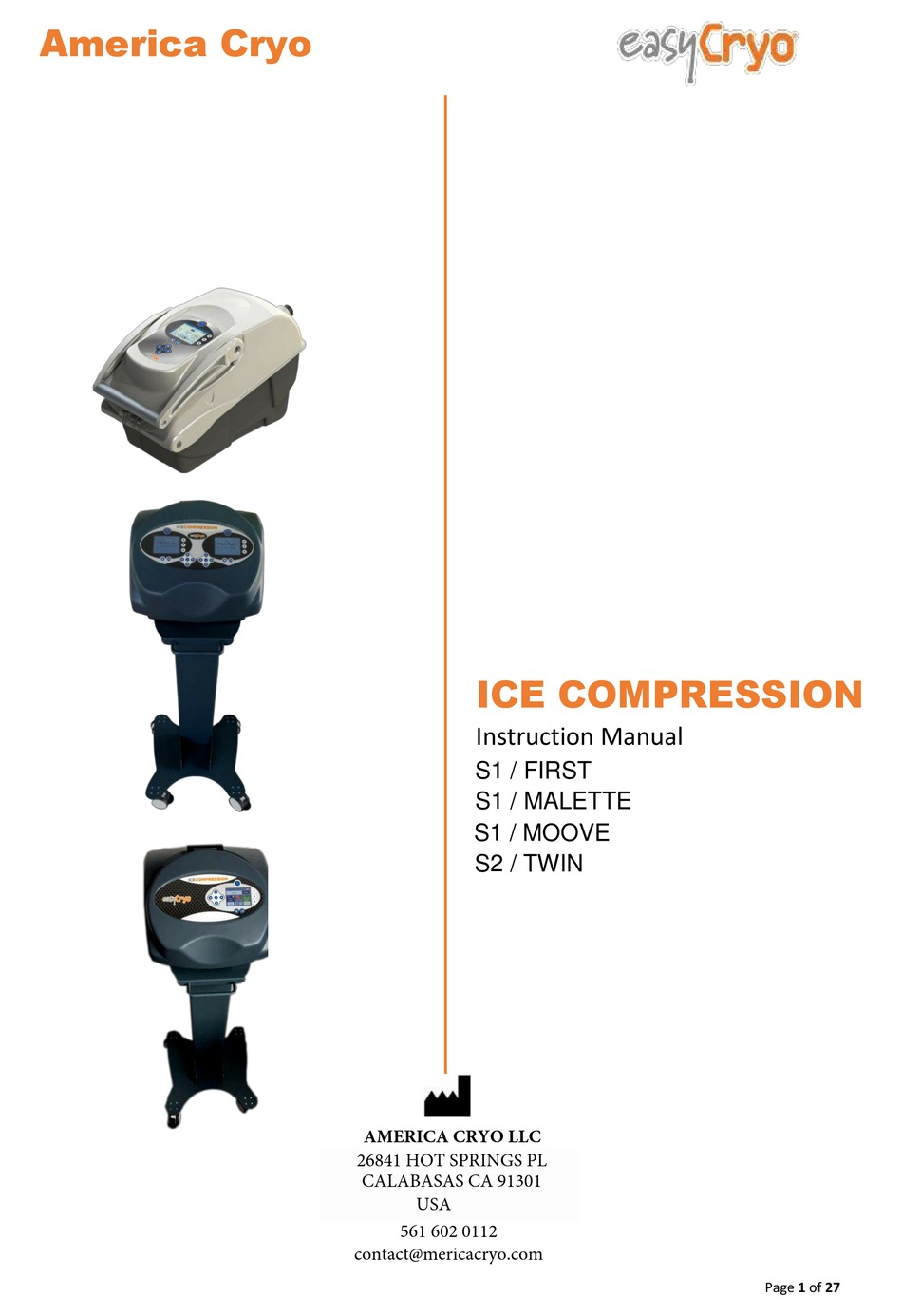 EASYCRYO AMERICA CRYO ICE COMPRESSION FIRST S1 INSTRUCTION MANUAL Pdf