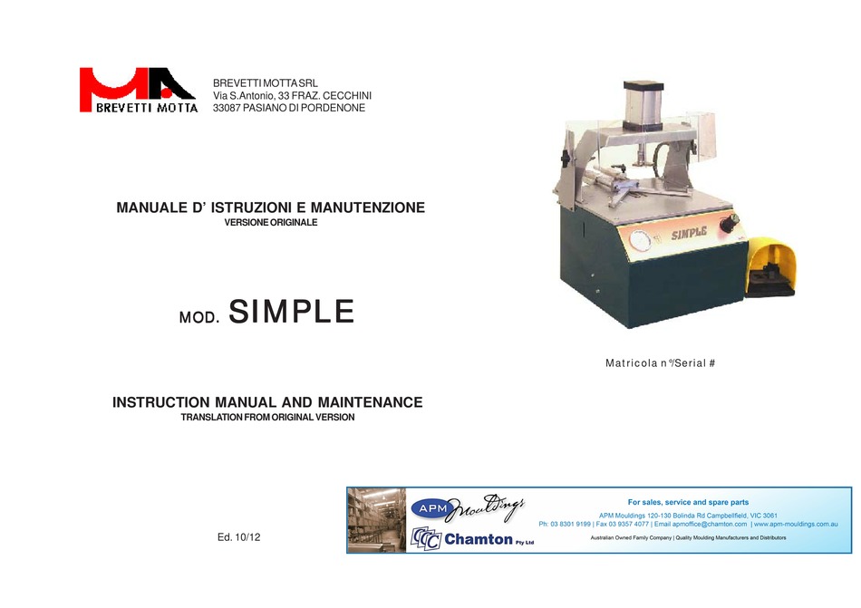 BREVETTI MOTTA SIMPLE INSTRUCTION MANUAL AND MAINTENANCE Pdf Download ...