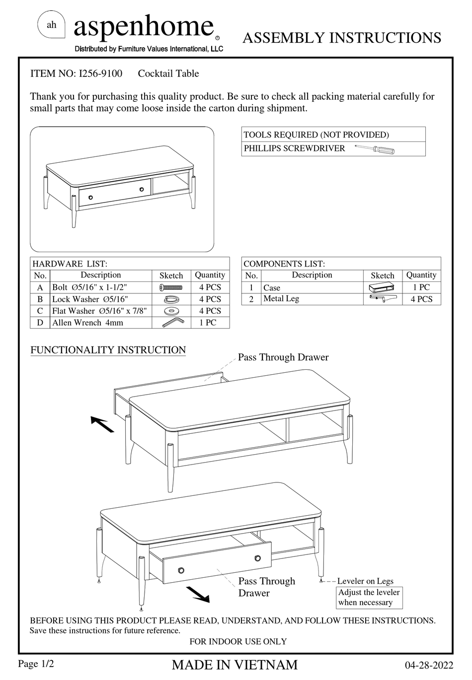 ASPENHOME I2569100 ASSEMBLY INSTRUCTIONS Pdf Download ManualsLib