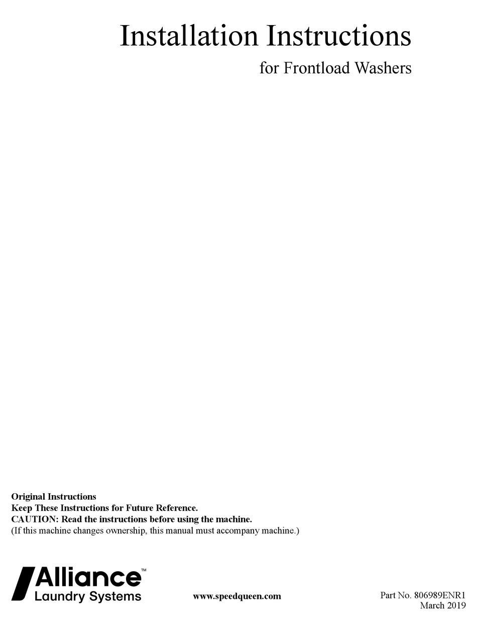 ALLIANCE LAUNDRY SYSTEMS SPEED QUEEN FR7002WN INSTALLATION INSTRUCTIONS