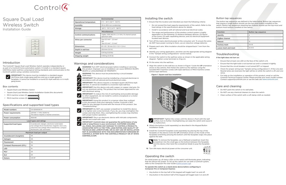 CONTROL 4 C4SDSW240N INSTALLATION MANUAL Pdf Download ManualsLib