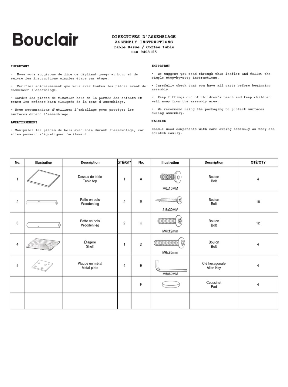 BOUCLAIR 9403155 ASSEMBLY INSTRUCTIONS Pdf Download ManualsLib