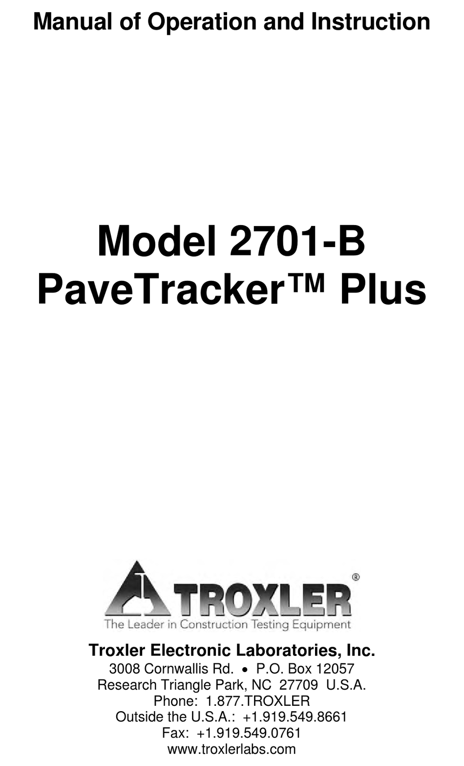 TROXLER PAVETRACKER PLUS MANUAL OF OPERATION AND INSTRUCTION Pdf