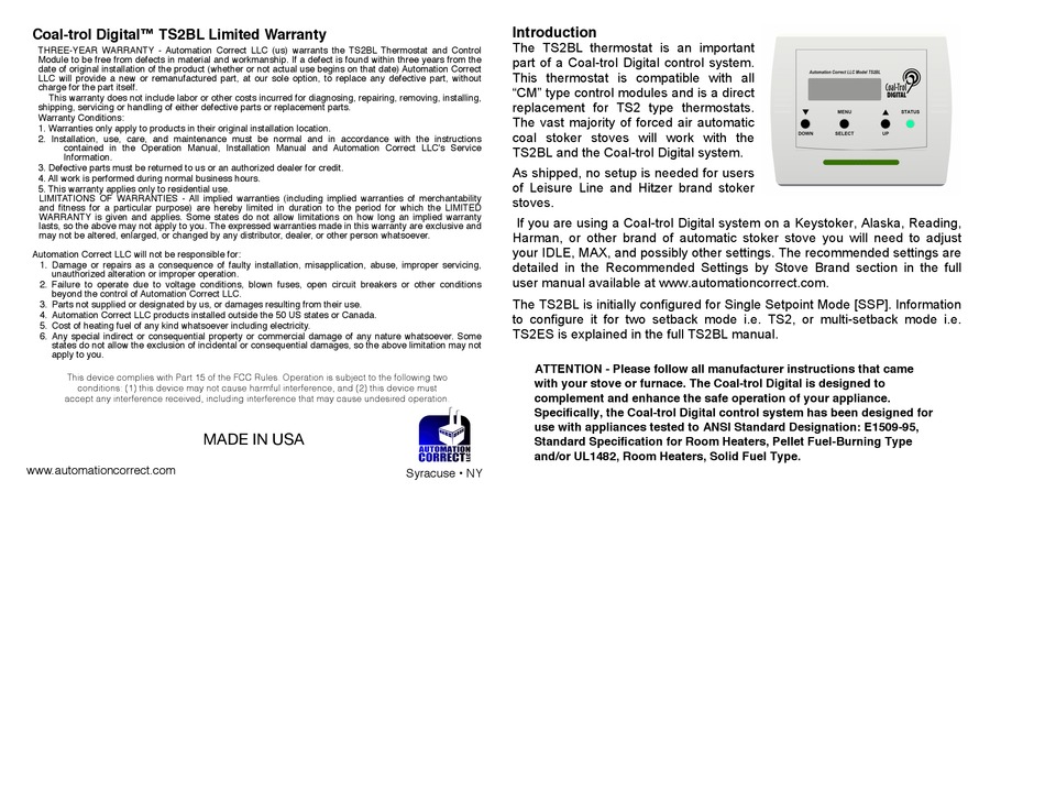 AUTOMATION CORRECT COALTROL DIGITAL TS2BL QUICK START MANUAL Pdf