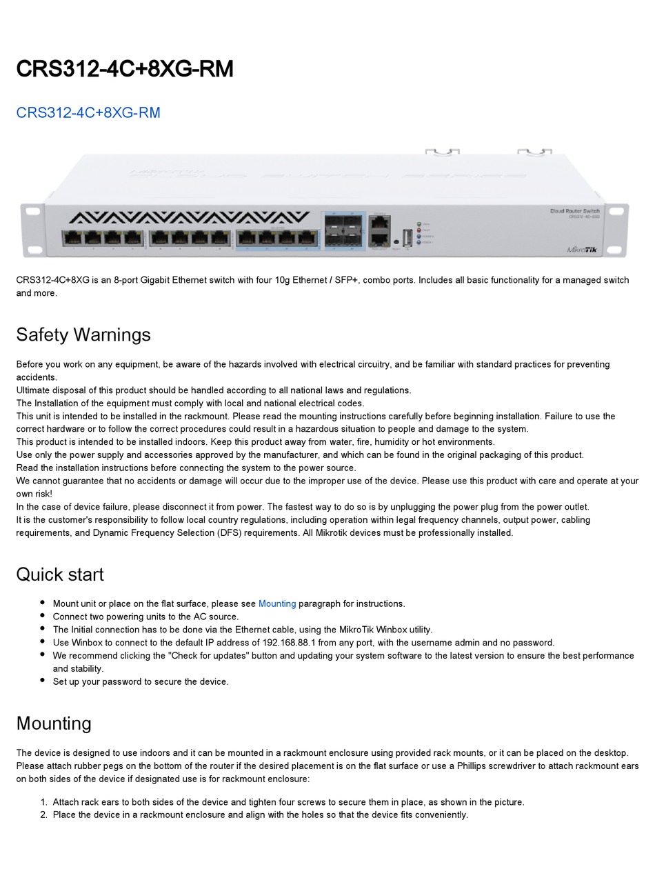 MIKROTIK CRS312-4C+8XG-RM MANUAL Pdf Download | ManualsLib