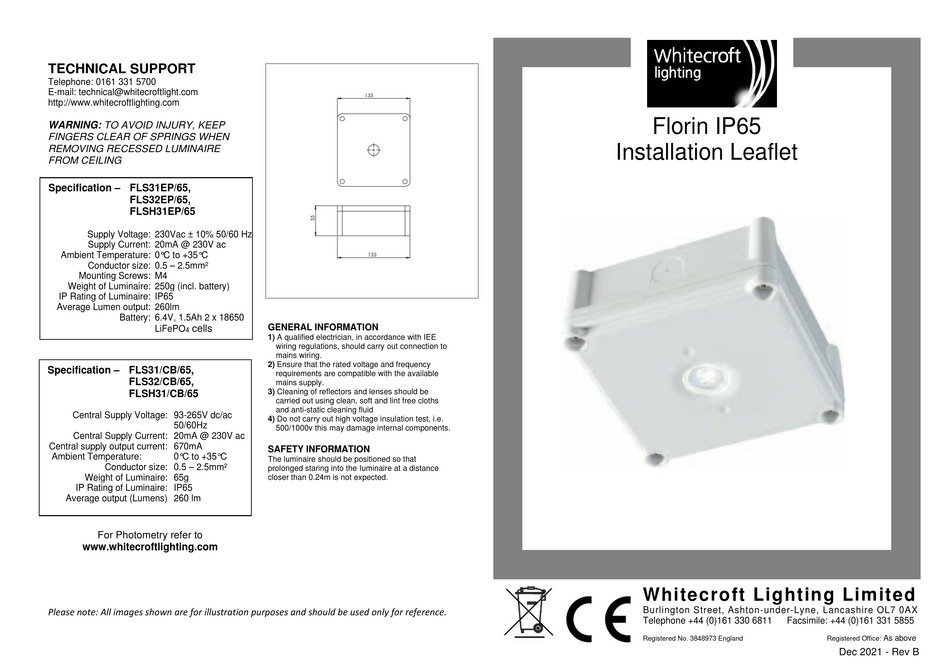 WHITECROFT LIGHTING FLORIN E3 SERIES INSTALLATION LEAFLET Pdf Download