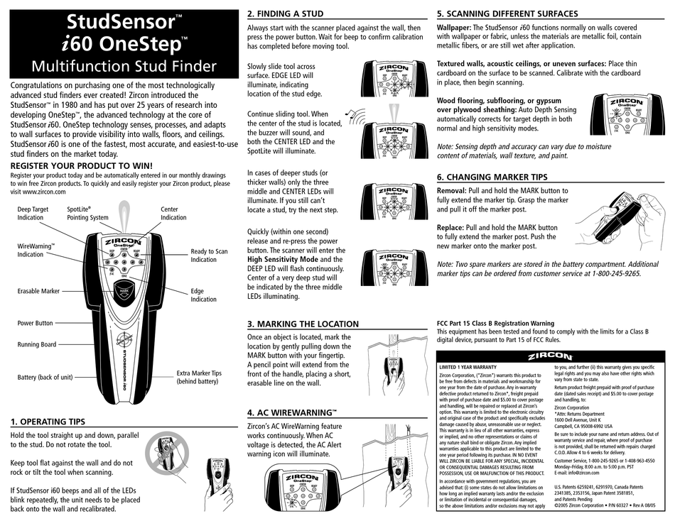 ZIRCON STUDSENSOR I60 ONESTEP QUICK START MANUAL Pdf Download ManualsLib