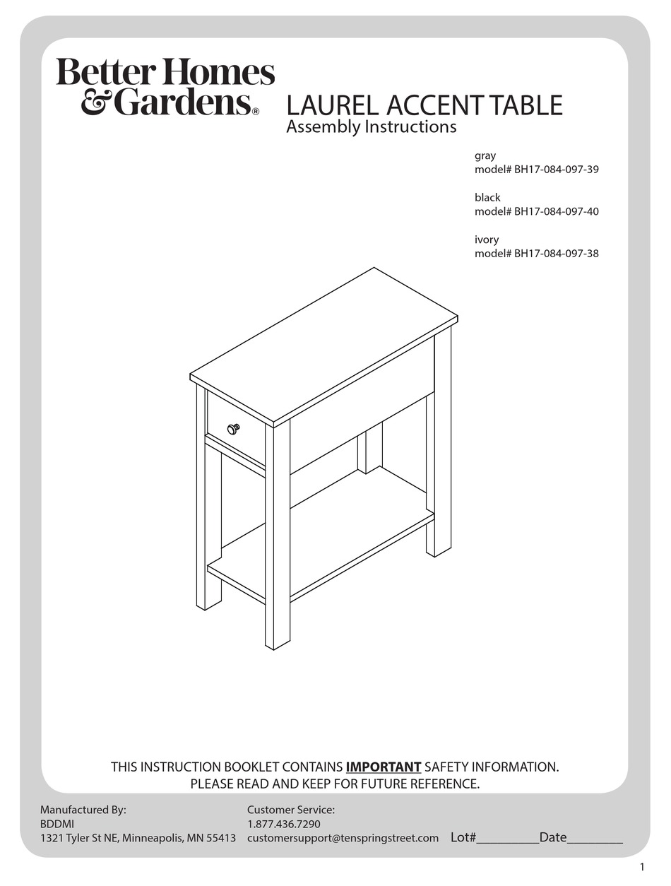 BETTER HOMES AND GARDENS LAUREL BH1708409739 ASSEMBLY INSTRUCTIONS