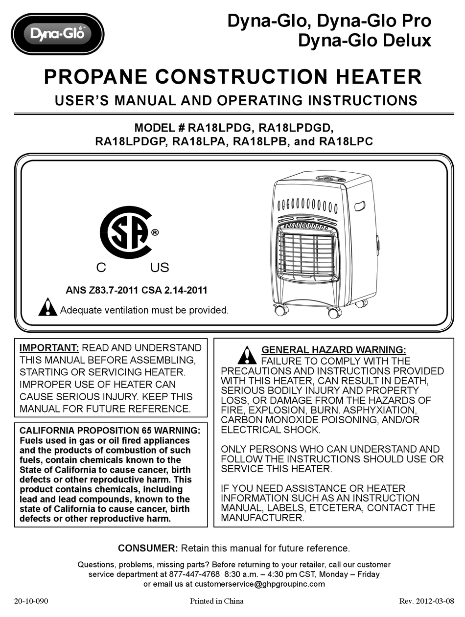 GHP GROUP DYNAGLO PRO RA18LPDGP USER'S MANUAL AND OPERATING