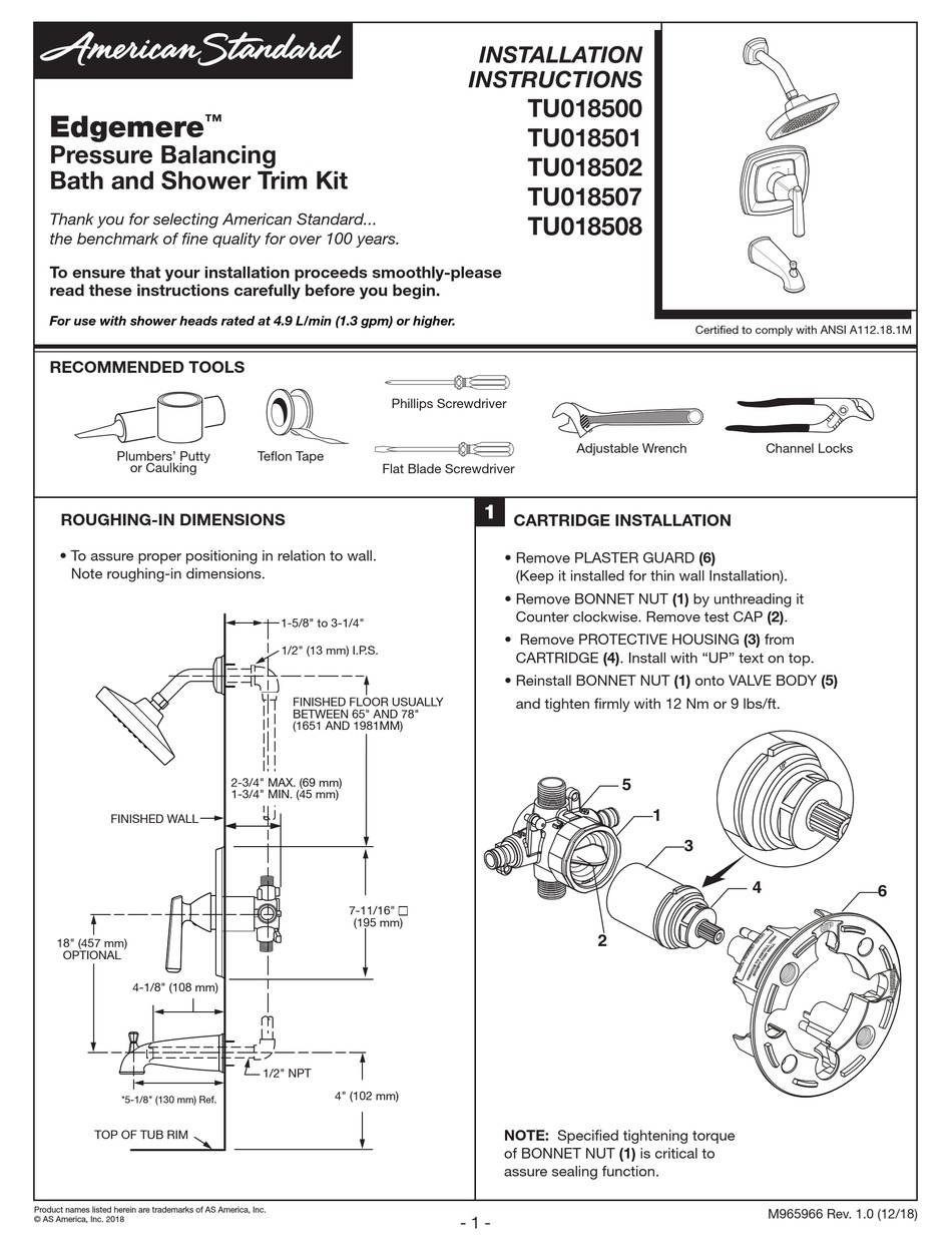 AMERICAN STANDARD EDGEMERE TU018500 INSTALLATION INSTRUCTIONS Pdf