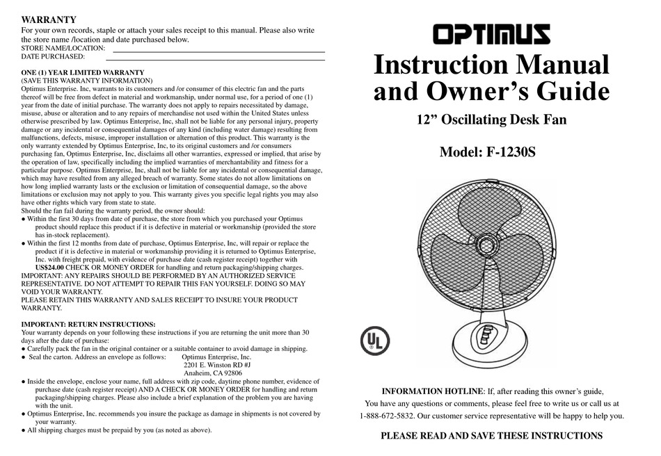 Optimus F 1230s Instruction Manual And Owners Manual Pdf Download