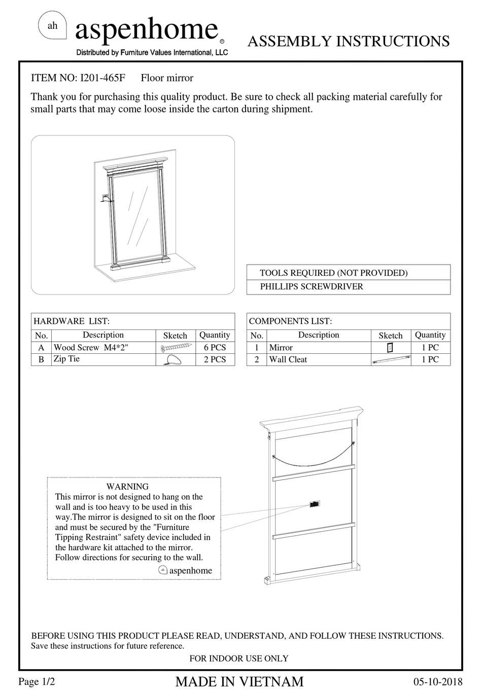 FURNITURE VALUES INTERNATIONAL ASPENHOME I201465F ASSEMBLY