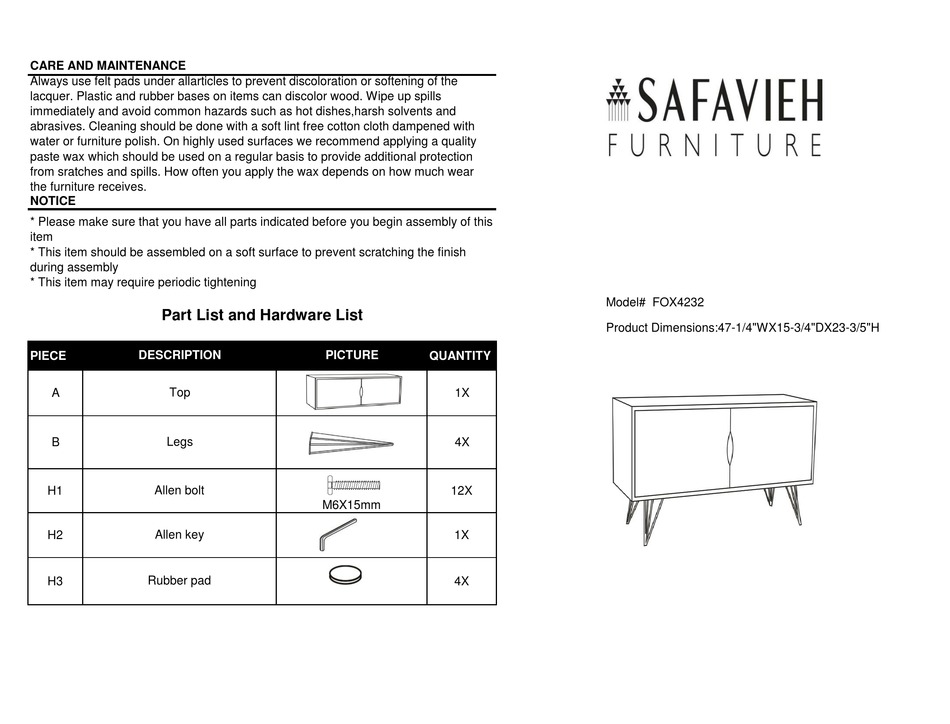 SAFAVIEH FURNITURE JERALYN FOX4232 QUICK START MANUAL Pdf Download