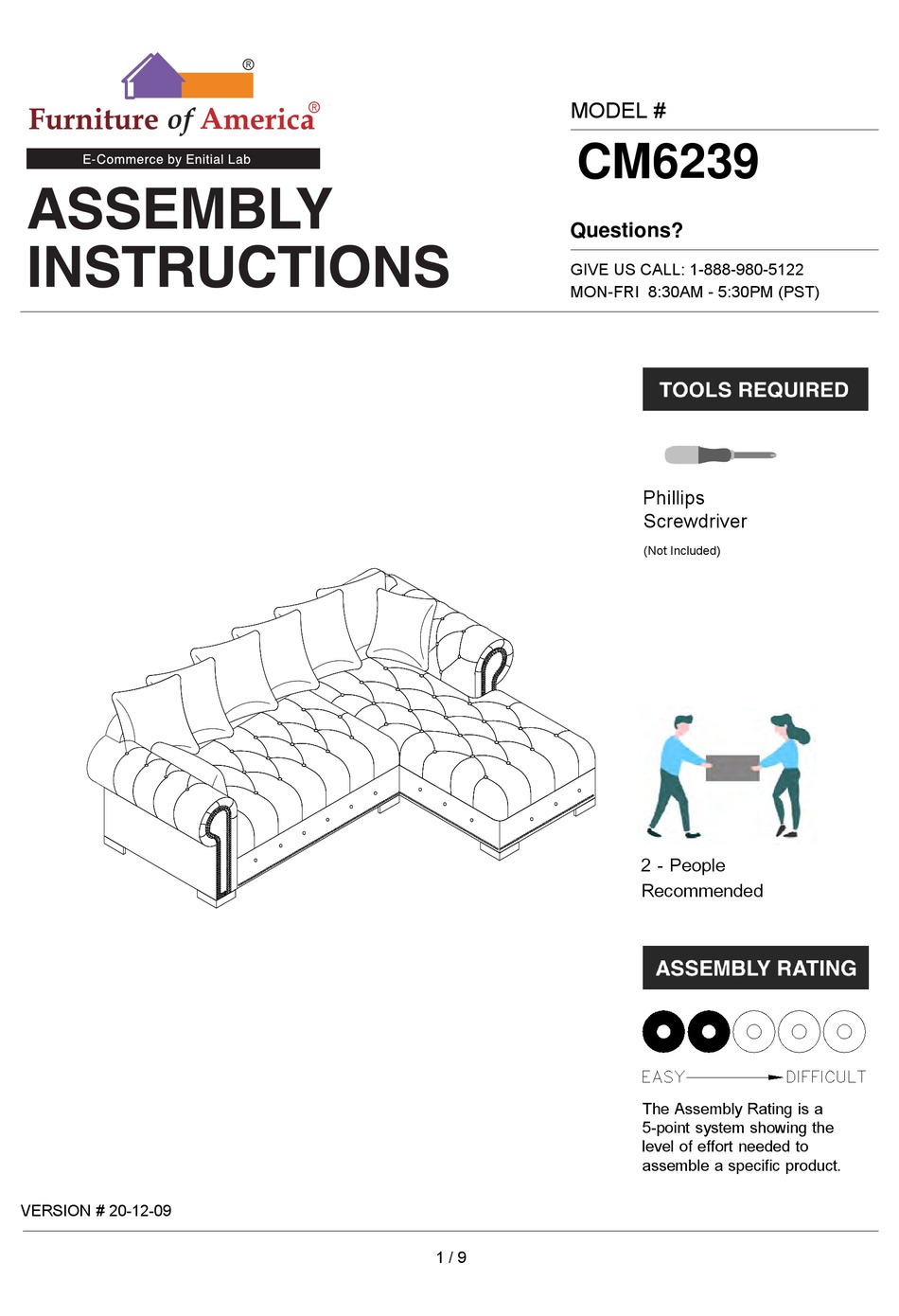 ENITIAL LAB FURNITURE OF AMERICA CM6239 ASSEMBLY INSTRUCTIONS MANUAL