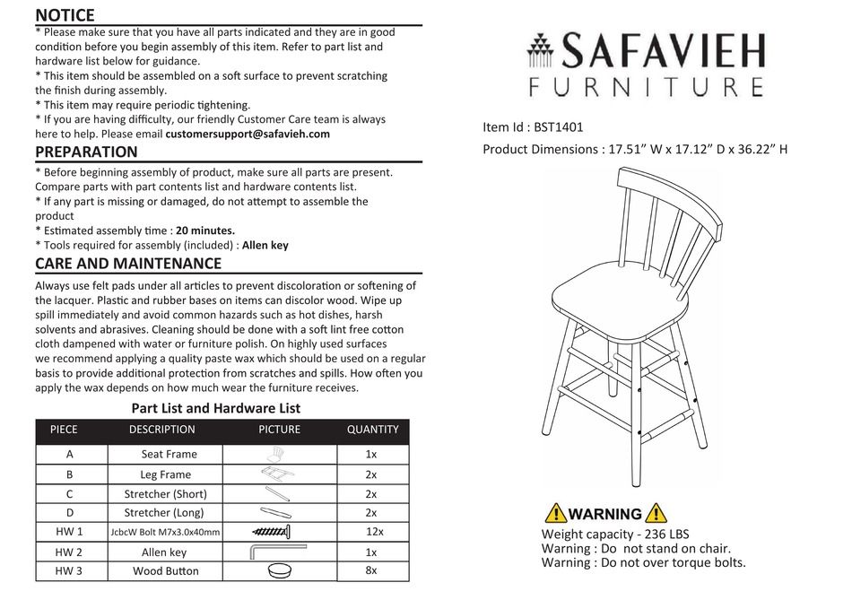 SAFAVIEH FURNITURE TALLY BST1401 QUICK START MANUAL Pdf Download