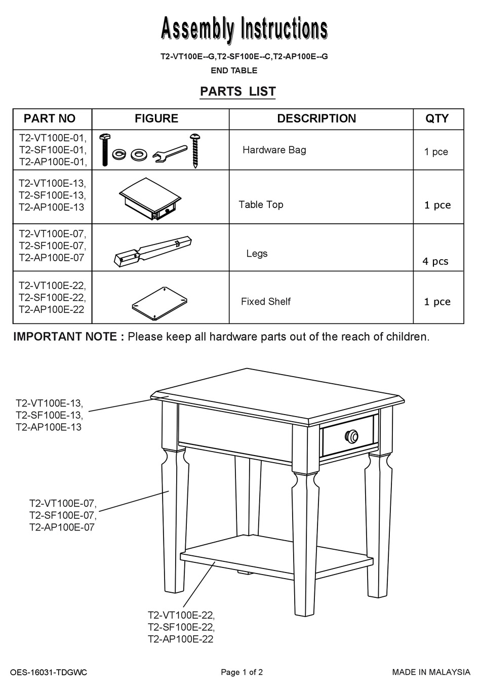 WINNERS ONLY T2VT100E G ASSEMBLY INSTRUCTIONS Pdf Download ManualsLib