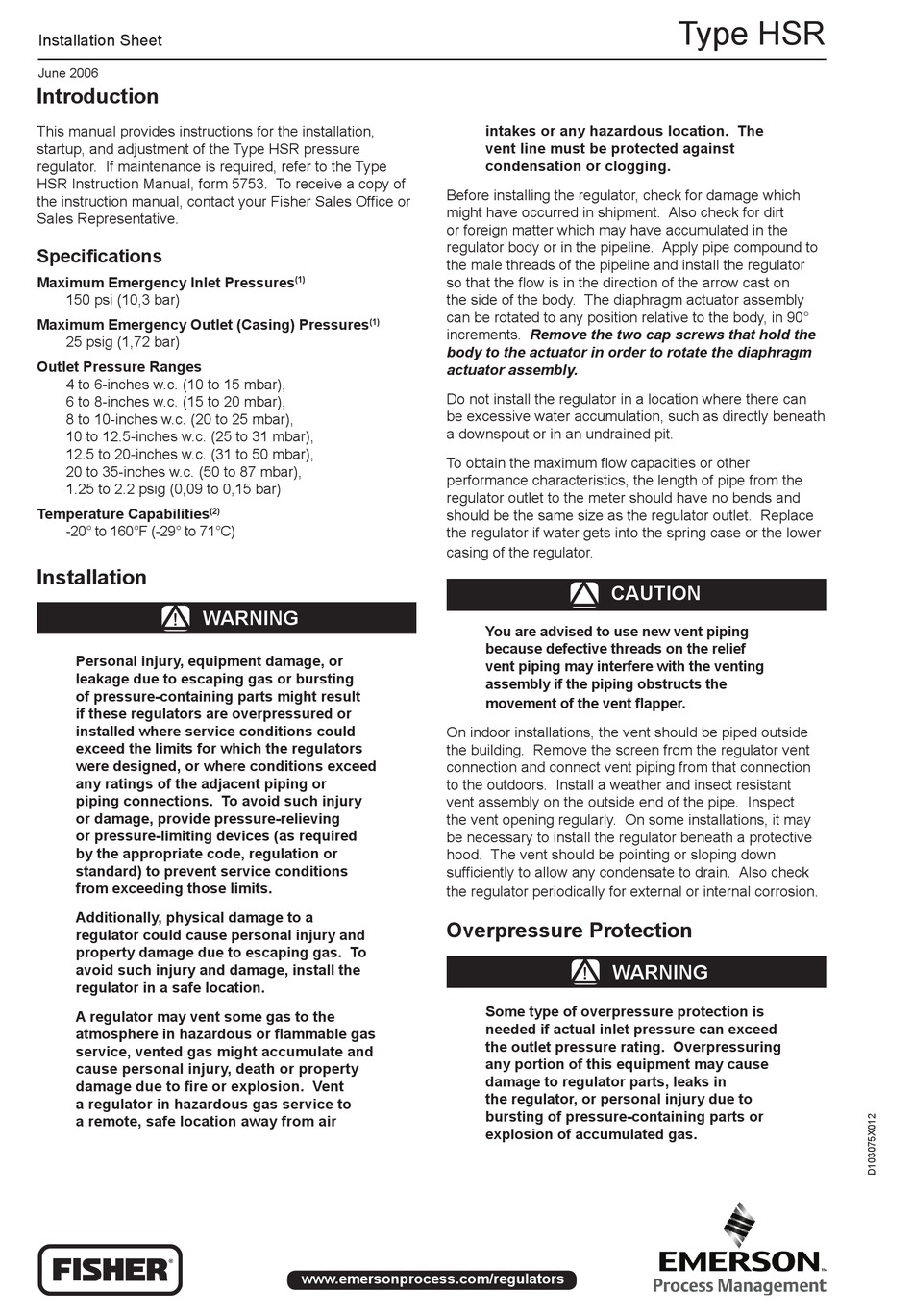 EMERSON FISHER HSR INSTALLATION SHEET Pdf Download | ManualsLib