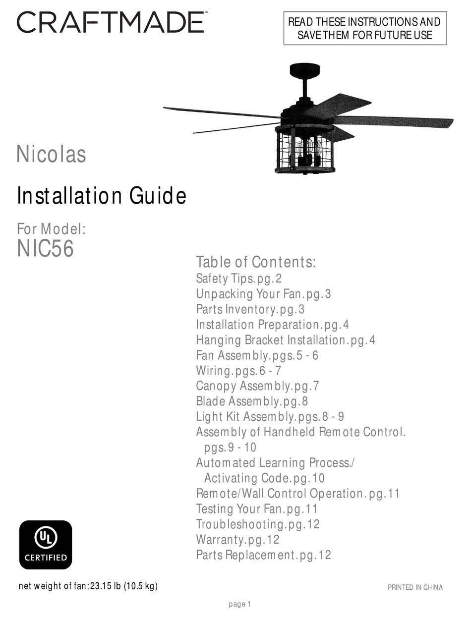 CRAFTMADE NICOLAS INSTALLATION MANUAL Pdf Download ManualsLib