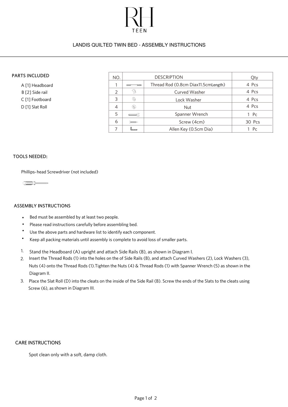 RH TEEN LANDIS QUILTED TWIN BED ASSEMBLY INSTRUCTIONS Pdf Download