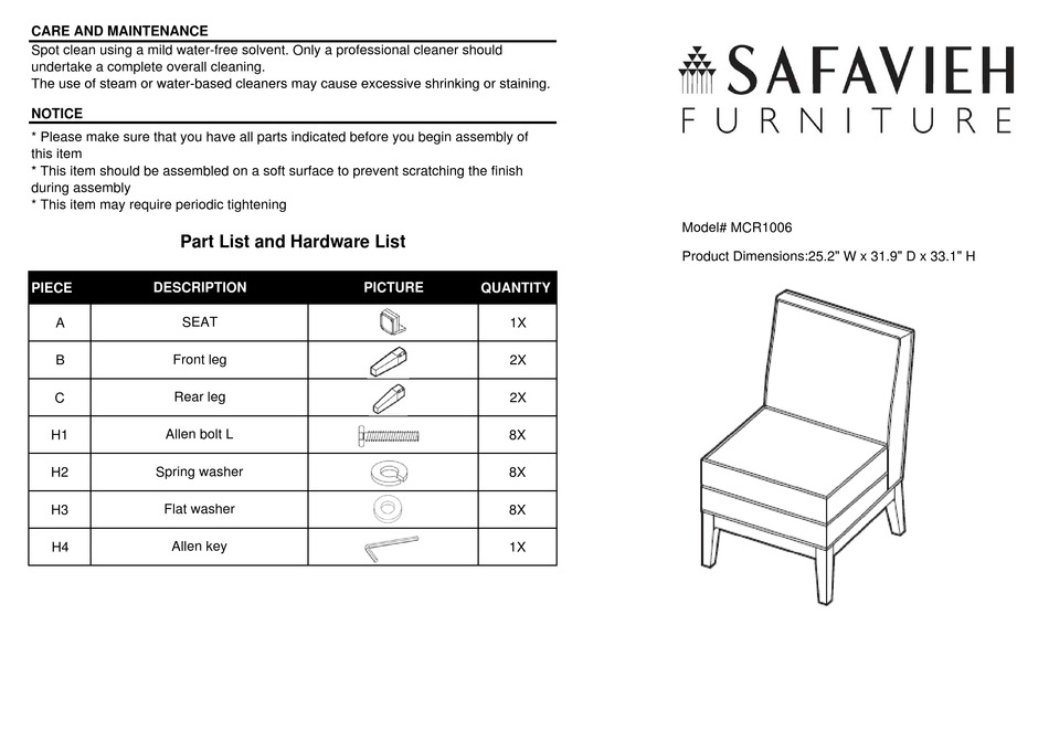 SAFAVIEH FURNITURE ARMOND MCR1006 ASSEMBLY Pdf Download ManualsLib
