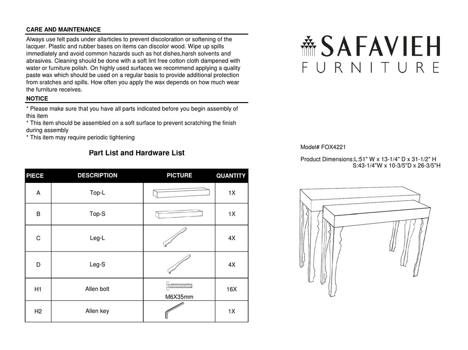 SAFAVIEH FURNITURE BETH FOX4221 QUICK START MANUAL Pdf Download