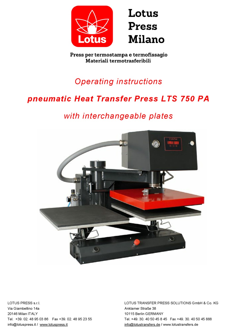LOTUS PRESS LTS 750 PA OPERATING INSTRUCTIONS MANUAL Pdf Download