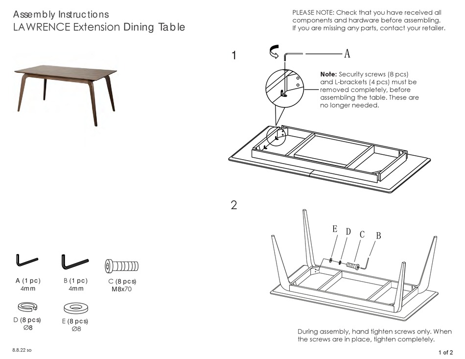 EURO STYLE LAWRENCE EXTENSION DINING TABLE ASSEMBLY INSTRUCTIONS Pdf