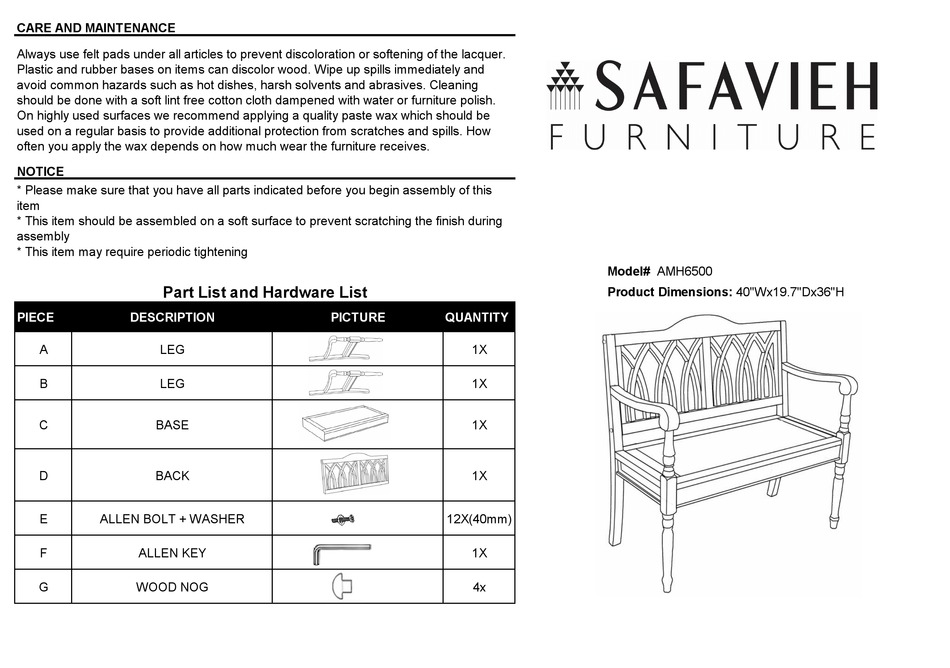 SAFAVIEH FURNITURE AMH6500 MANUAL Pdf Download ManualsLib